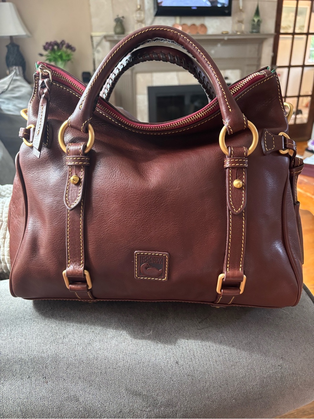 Dooney & Bourke Large Chestnut  Leather Satchel with Brass Hardware